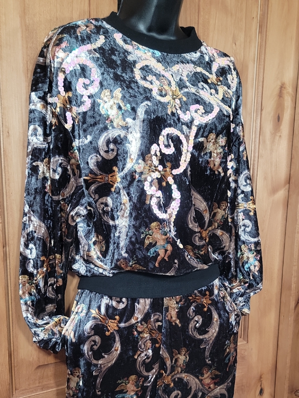 Velvet Printed Jumpsuit with Opalescent Sequined Accents